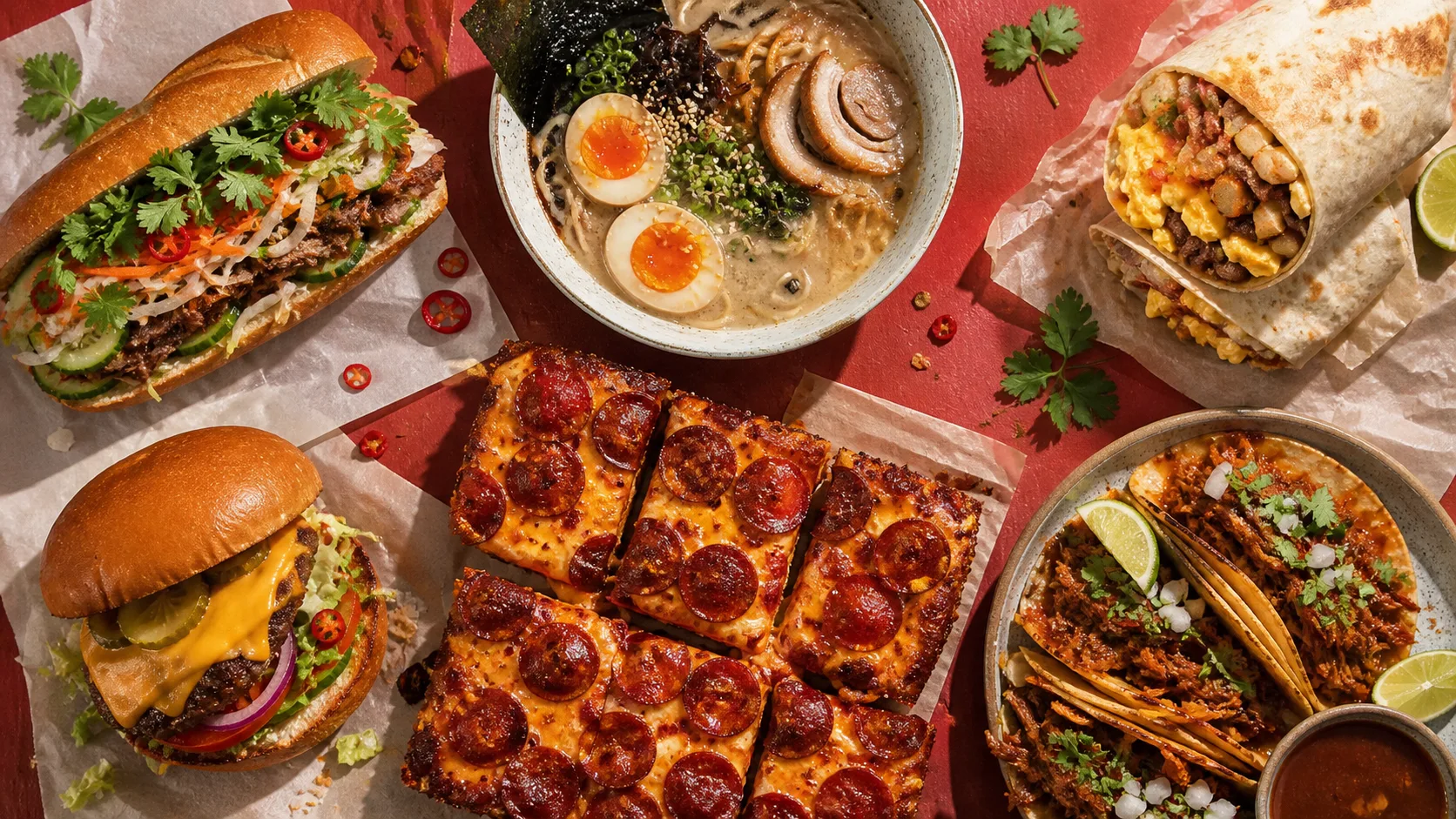 Banh mi, ramen, breakfast burrito, cheeseburger, Detroit pizza, and birria tacos