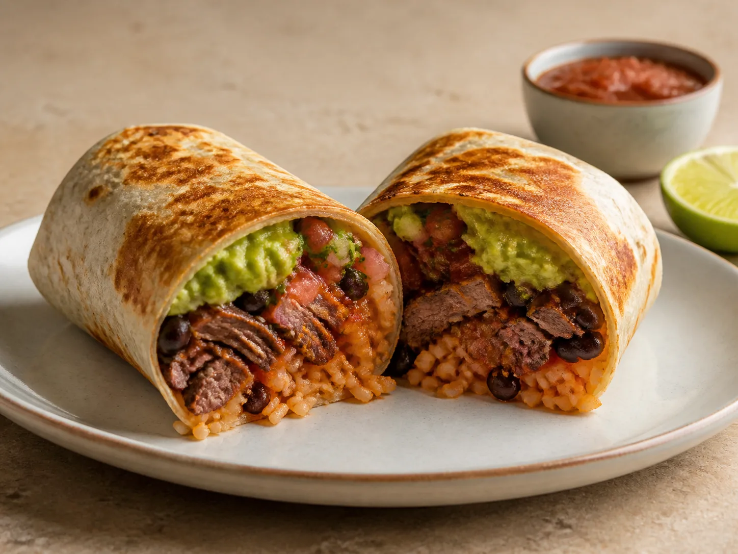Carne asada super burrito cut in half